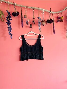 VS Black Fringe Crochet Crop Tank Top - Women